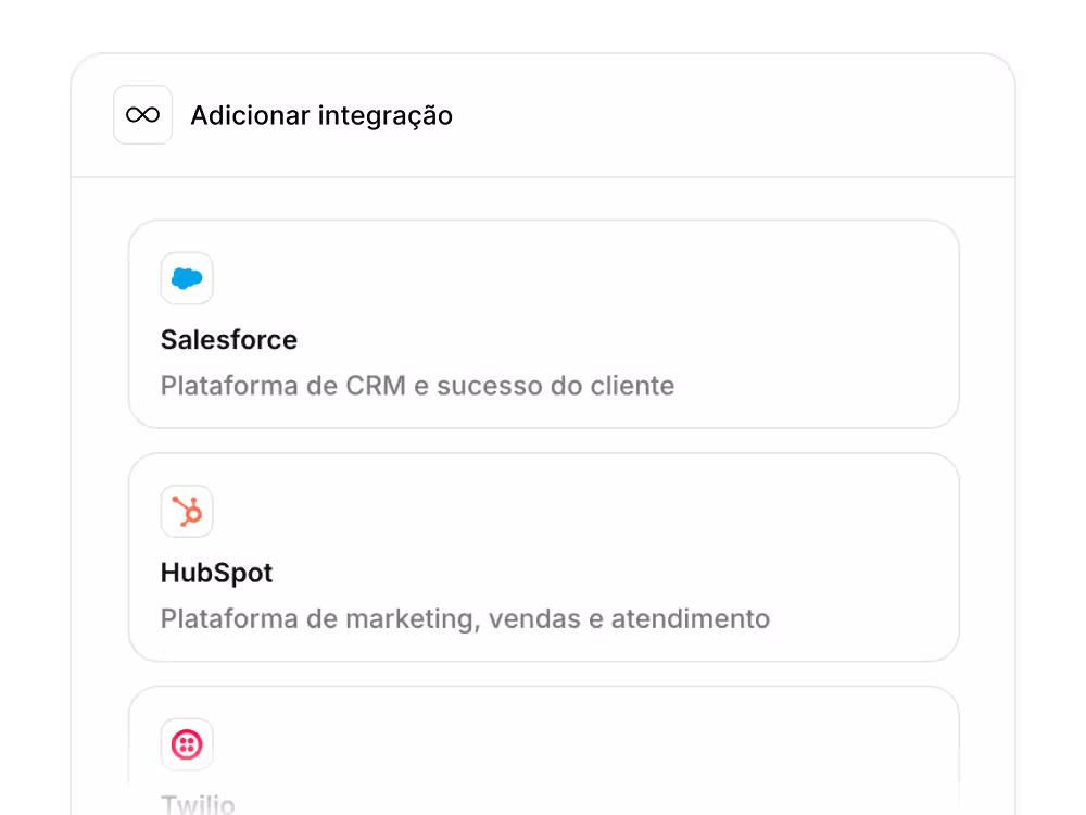 Painel de integrações mostrando opções como Salesforce e HubSpot