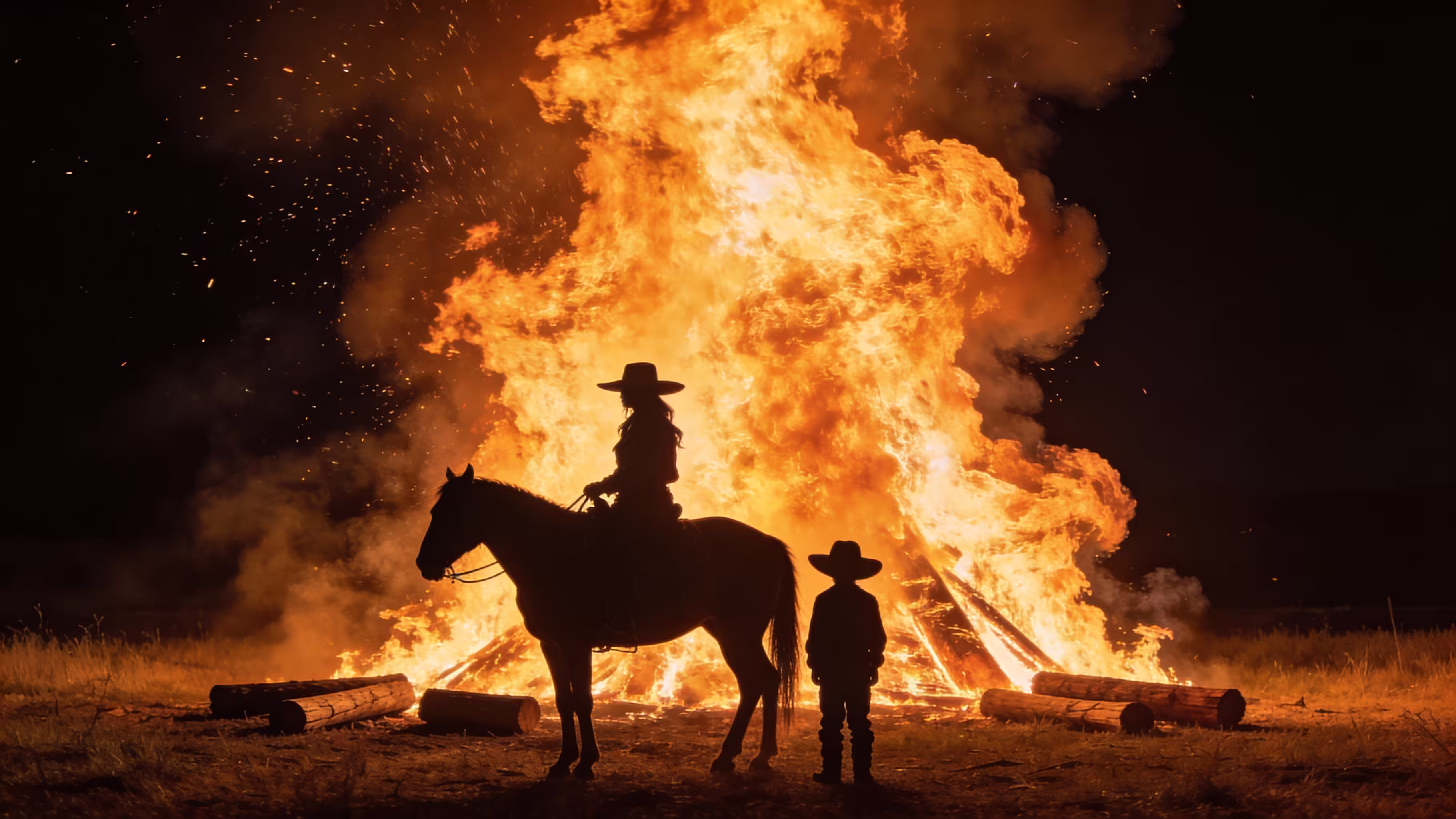 Silhouetted figures and a horse standing before a large fire at night