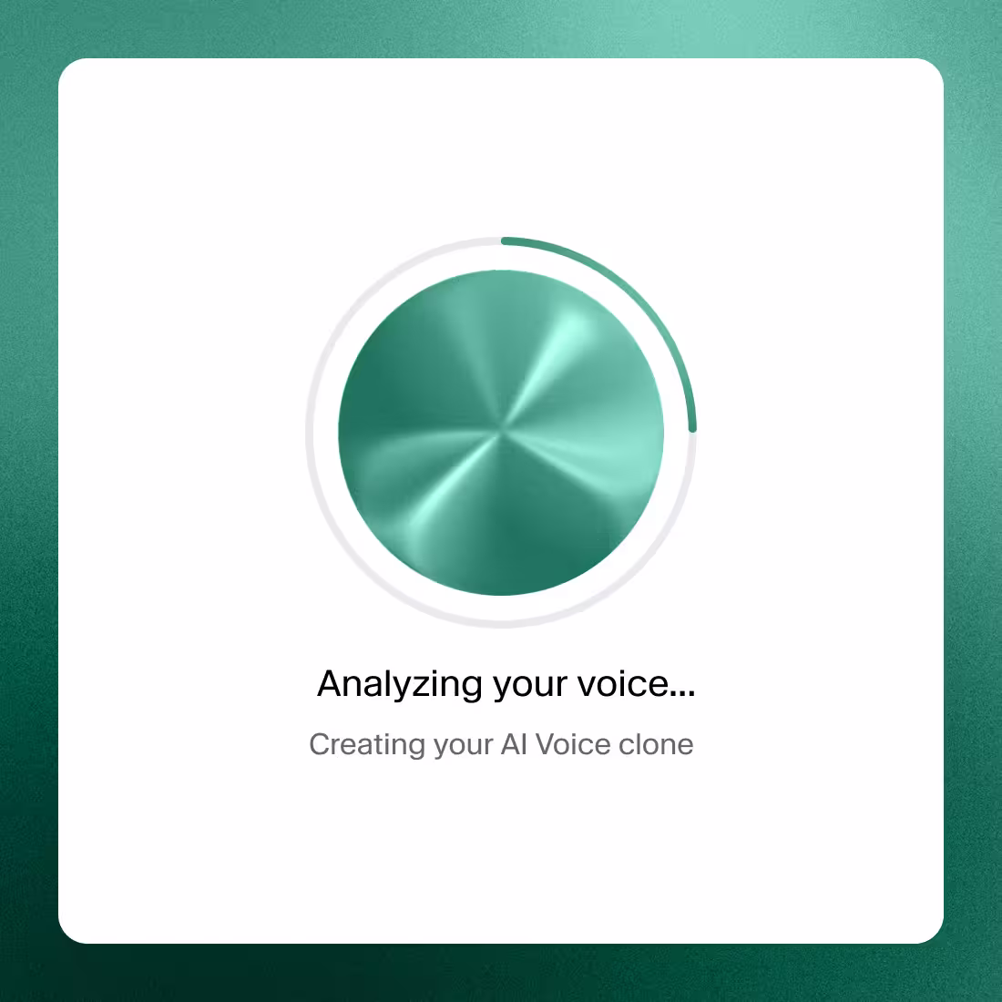 AI interface showing a circular progress indicator with the text “Analyzing your voice… Creating your AI Voice clone” on a green background.