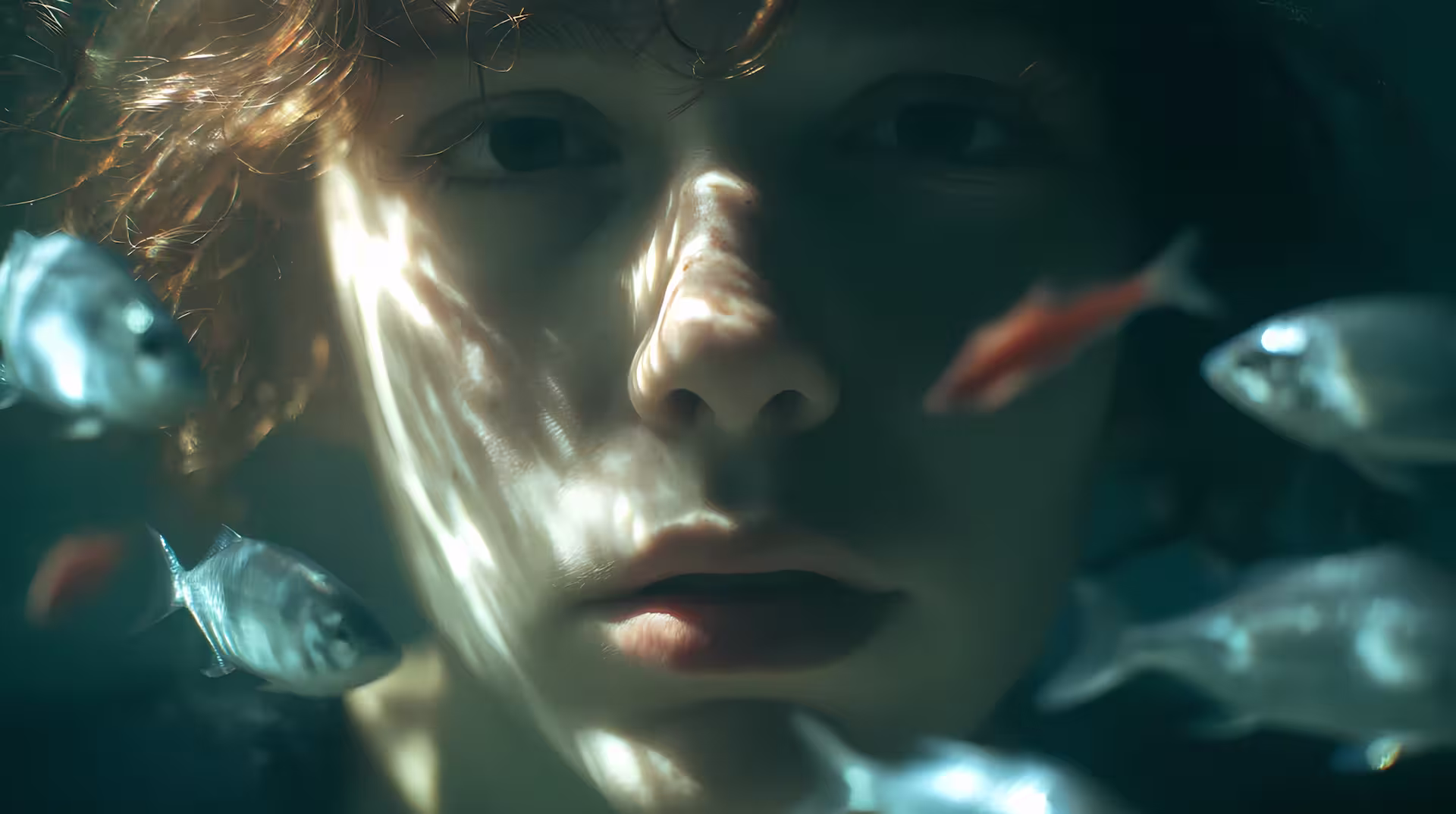 Close-up portrait of a person underwater surrounded by floating bubbles