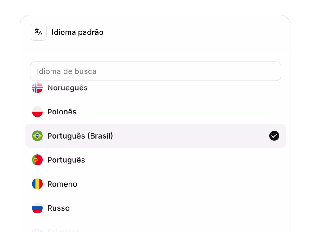 Tela de seleção de idioma com opção de português (Brasil) selecionada