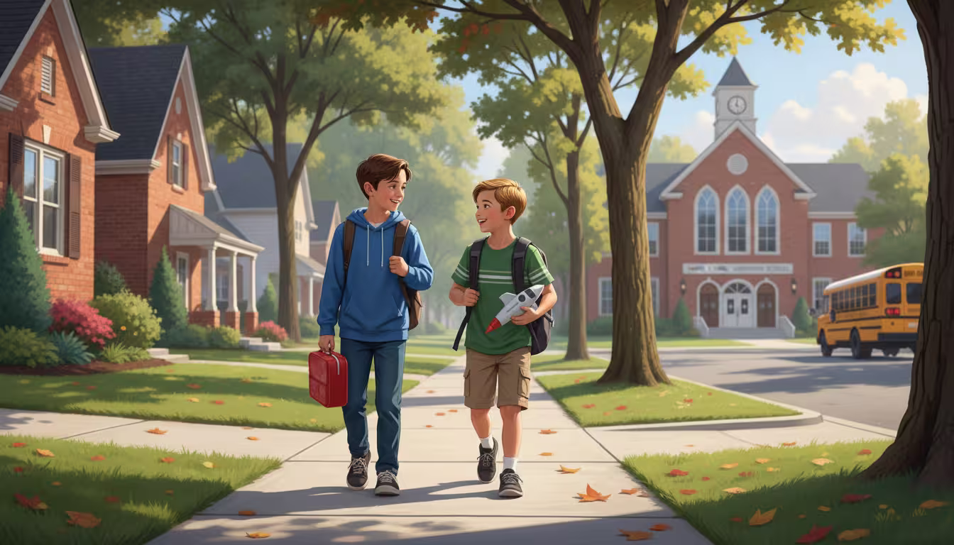 Two children walking side by side on a quiet suburban street, illustrated in a soft painterly style