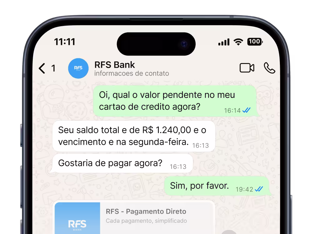 Conversa via WhatsApp simulando atendimento automatizado de banco com IA